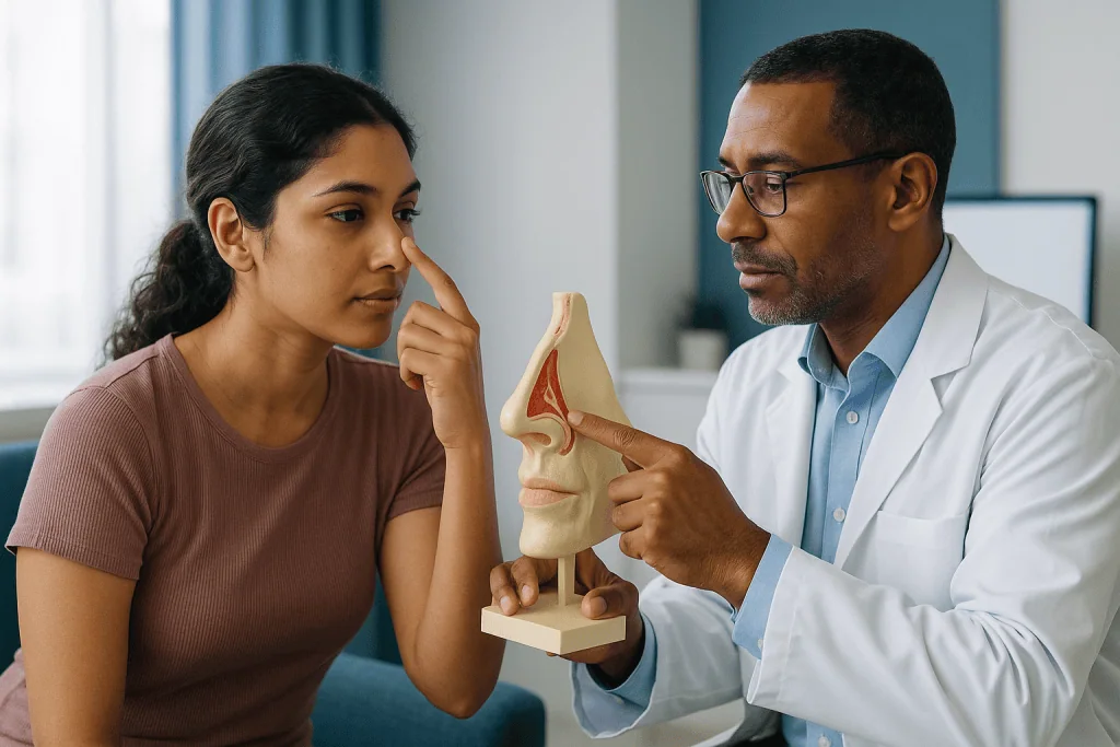 Doctor explaining nasal anatomy model to patient: Ethnic rhinoplasty vs traditional rhinoplasty: how the techniques differ