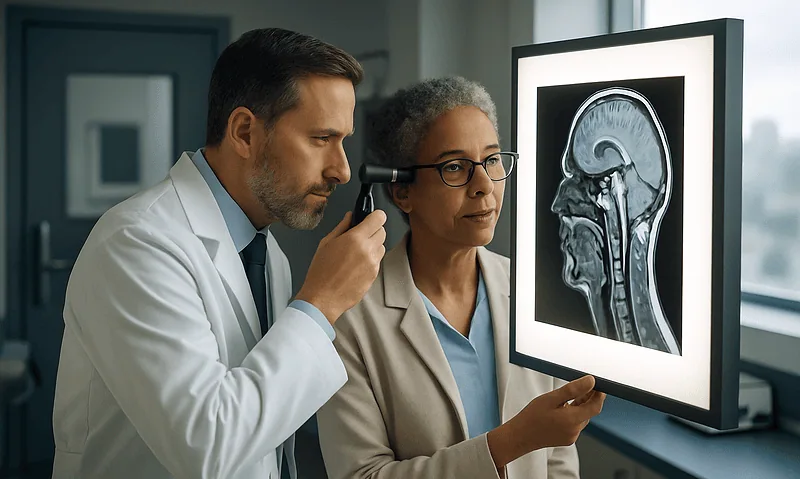 Doctors examining a brain MRI scan in a medical office.