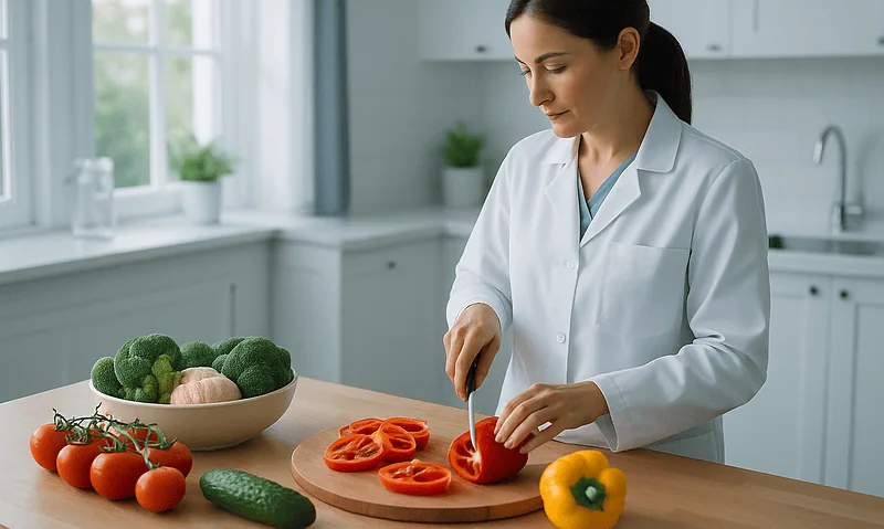 Woman preparing fresh vegetables in a modern kitchen for healthy eating.