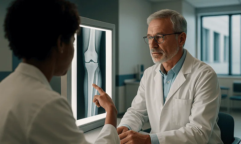 Doctor explaining X-ray results to a patient in a medical consultation.