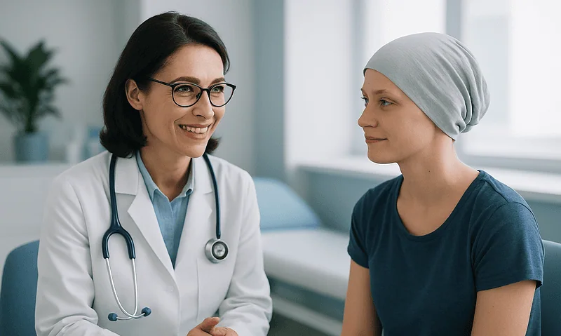 Doctor consulting cancer patient in a hospital setting.