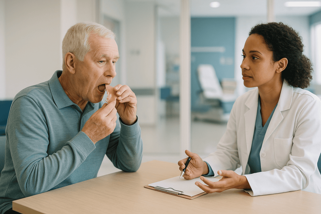 Senior patient consulting with female doctor at desk: Examples of maxillofacial prosthetics people are commonly offered