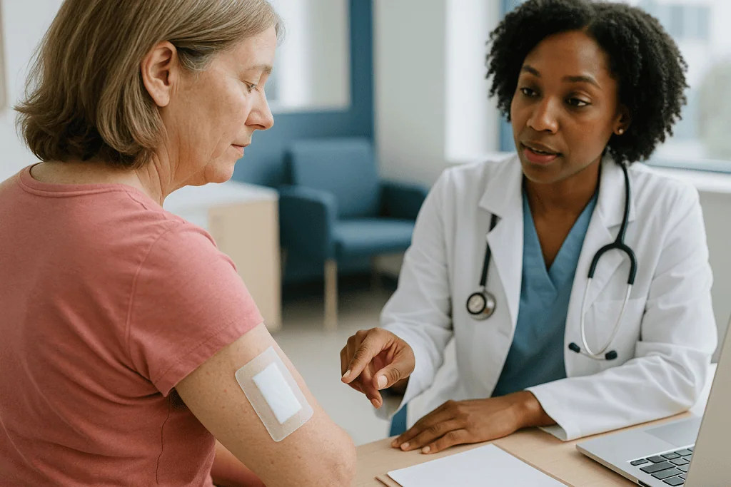 Doctor consulting with patient showing arm bandage — Excision, Mohs or scraping: why the type of surgery changes recovery