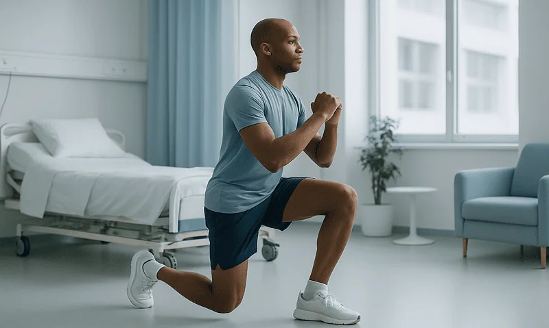Man performing knee exercise in hospital room for recovery.
