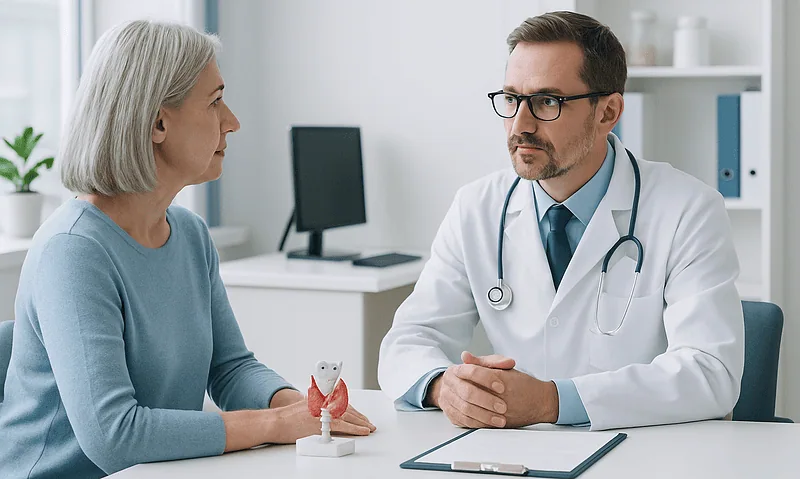 Doctor consulting with elderly woman in a medical office.