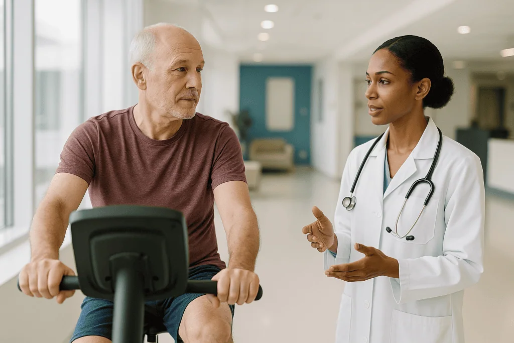 Doctor consulting patient on stationary exercise bike — Exercise with polycythemia vera: what the evidence supports