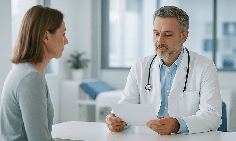 Doctor consulting with a patient about diabetes management in a clinical setting.