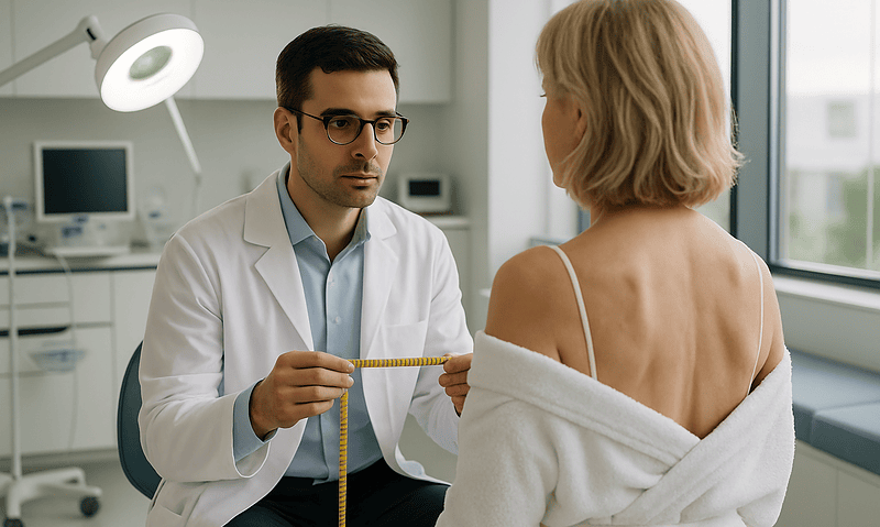 Doctor measuring patient's shoulder for treatment assessment.