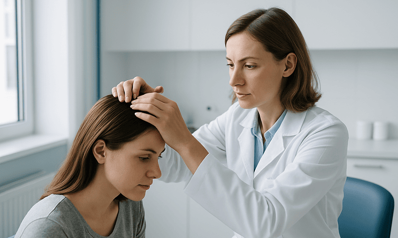Doctor examining a patient's scalp for hair loss diagnosis.