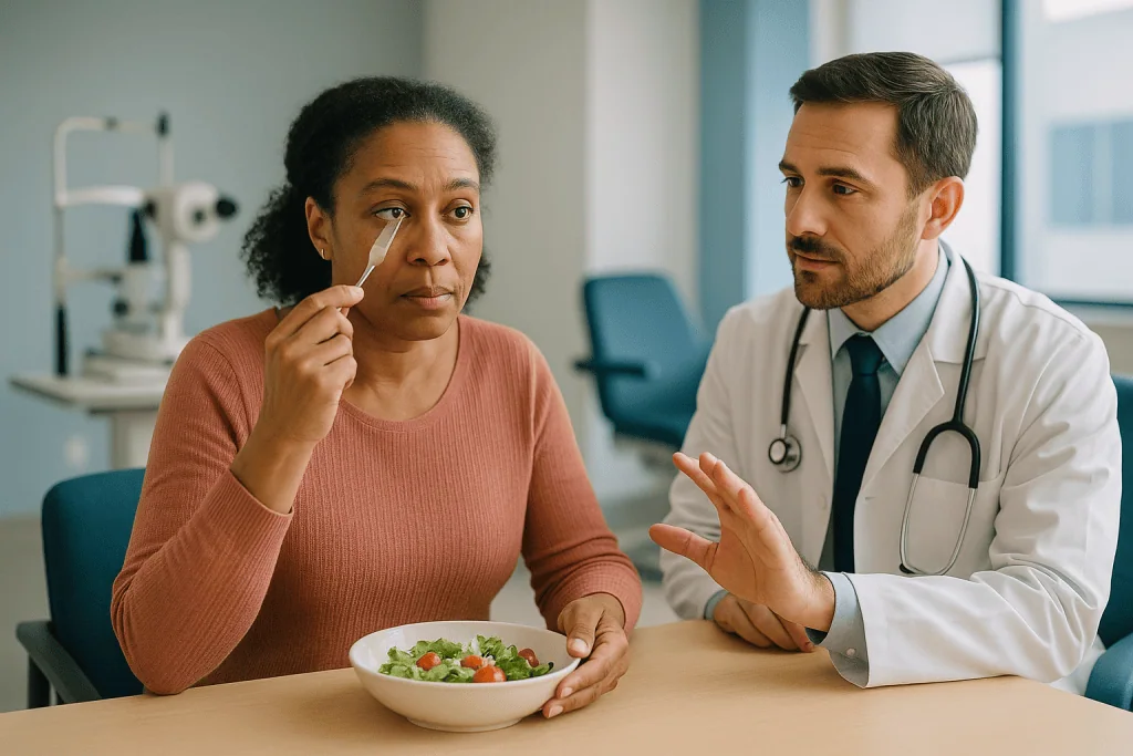Doctor consulting patient about salad nutrition: Exotropia: why the outward drift is often intermittent