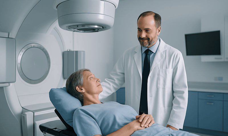 Doctor and patient in MRI scan room at Acibadem Hospital.