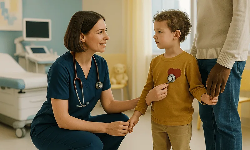 Pediatric cardiology consultation at Acibadem Hospital with doctor and young patient.