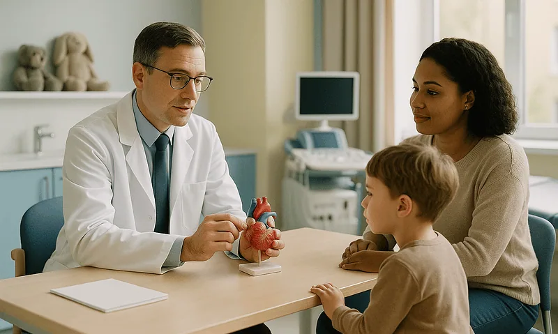 Doctor explaining heart model to a mother and child in a hospital consultation room.