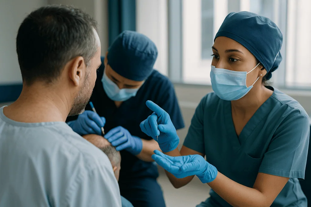 Medical professionals examining patient arm, vaccine or injection: Extraction: how follicular units leave the donor area