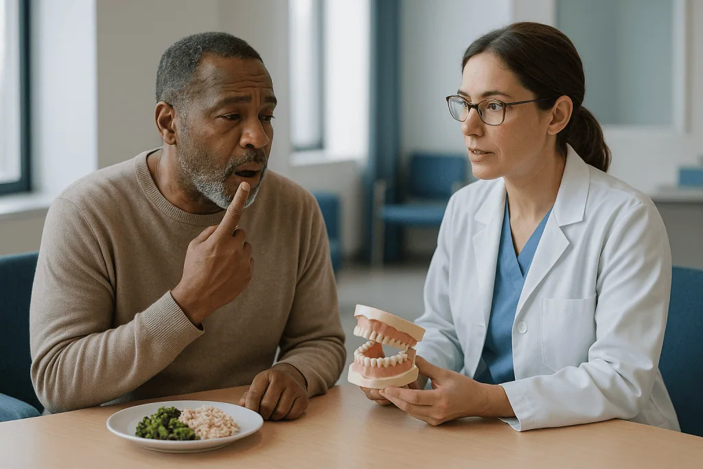 Doctor discussing dental model with male patient: Extractions, healing time and the two-week question