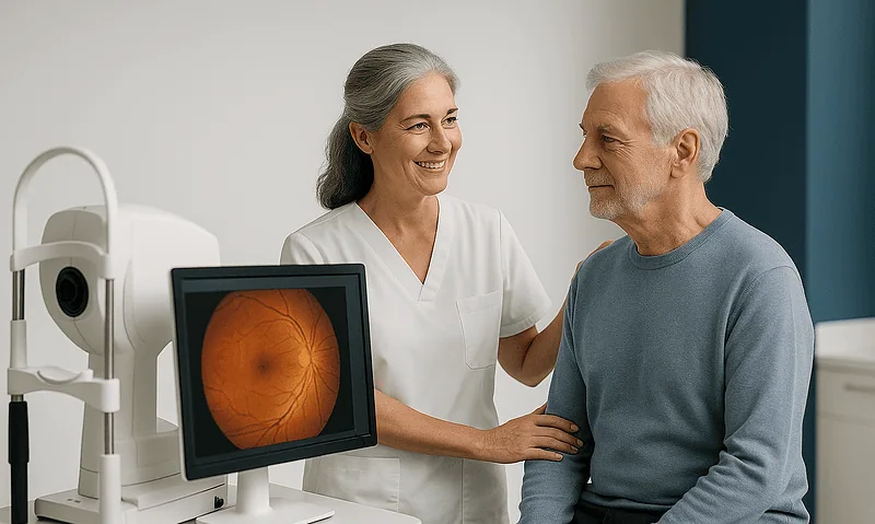 Ophthalmologist discussing eye angiography results with patient in clinic.