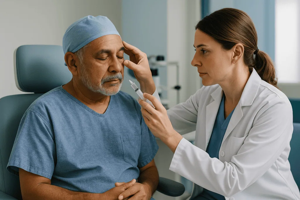 Doctor examining patient's head and eye region: Eye block anesthesia: sub-Tenon's, peribulbar and retrobulbar