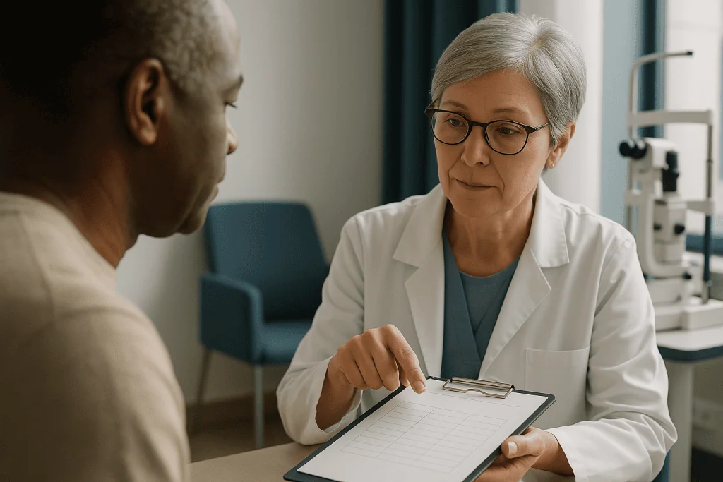 Optometrist consulting with male patient about eye health: Eye exam schedule by age: the summary table