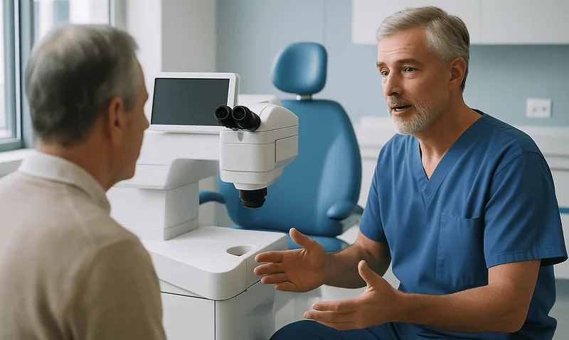 Ophthalmologist explains eye laser procedure to patient in clinic.