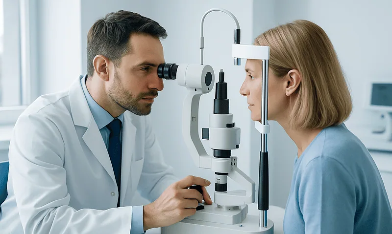 Ophthalmologist examining a patient's eyes with a slit lamp.