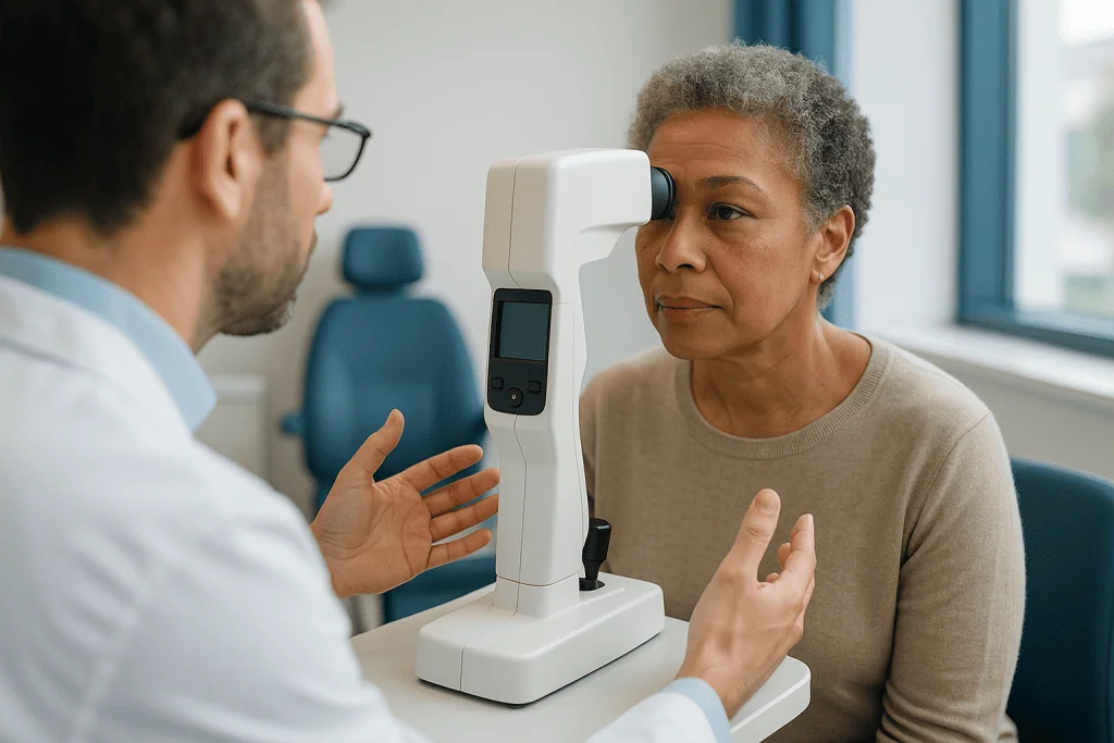 Optometrist performing corneal topography test on patient: Eye pressure before laser eye surgery: what the number means