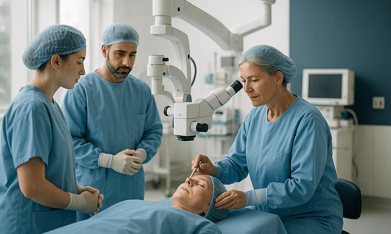 Surgeons performing eye surgery with advanced microscope at Acibadem Hospital.