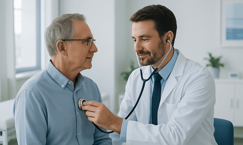 Doctor examining an elderly patient's chest with a stethoscope in a medical office.