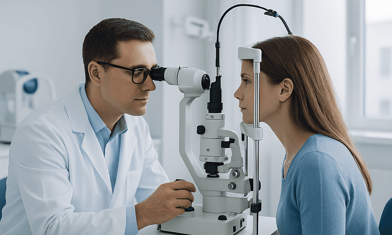Ophthalmologist examining a patient with a slit lamp in a clinic.