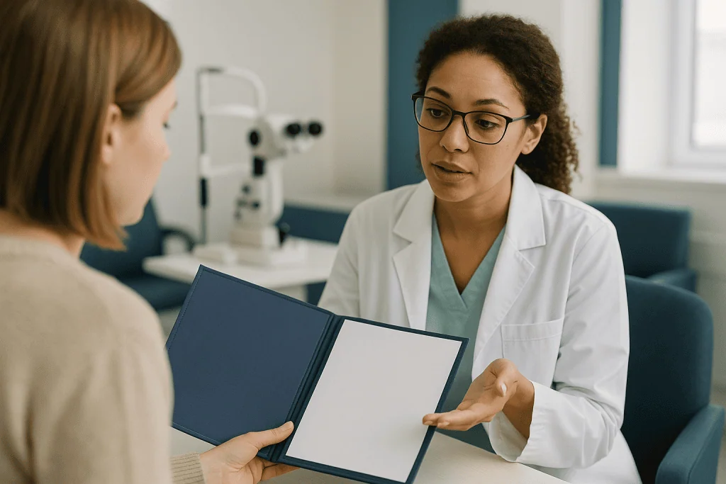 Female optometrist consulting patient about eye examination records: Eye test abroad: what to bring in your folder
