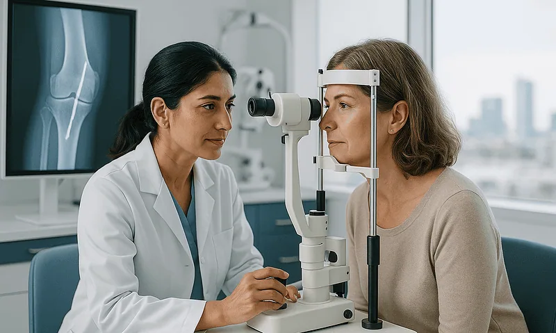Ophthalmologist examining a patient with slit lamp in a clinical setting.