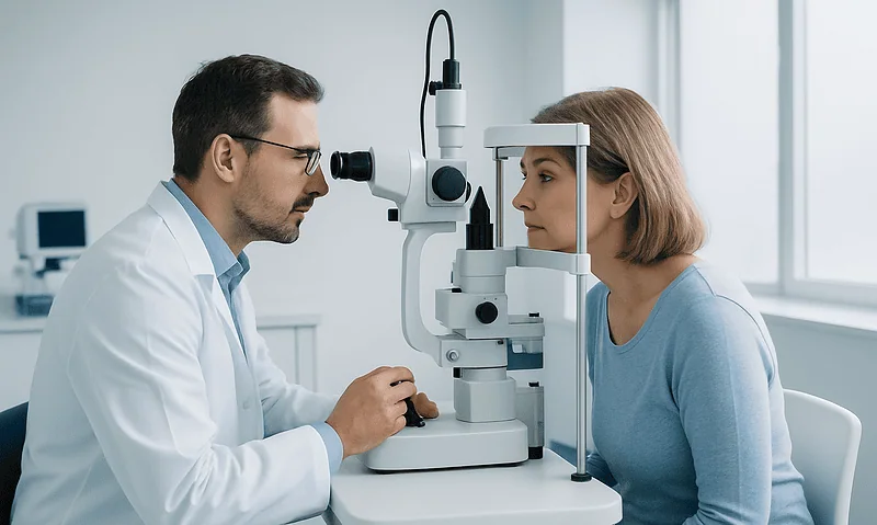 Ophthalmologist examining a patient's eyes with a slit lamp in a clinic.