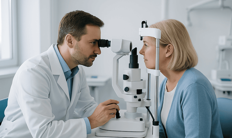 Ophthalmologist examining a patient with a slit lamp in a clinic setting.