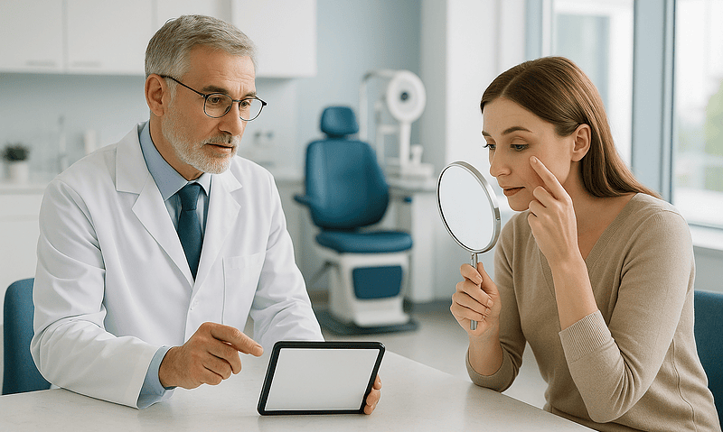 Ophthalmologist consulting with a patient about eyelid aesthetics.