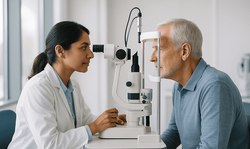 Ophthalmologist examining elderly patient's eye with slit lamp.