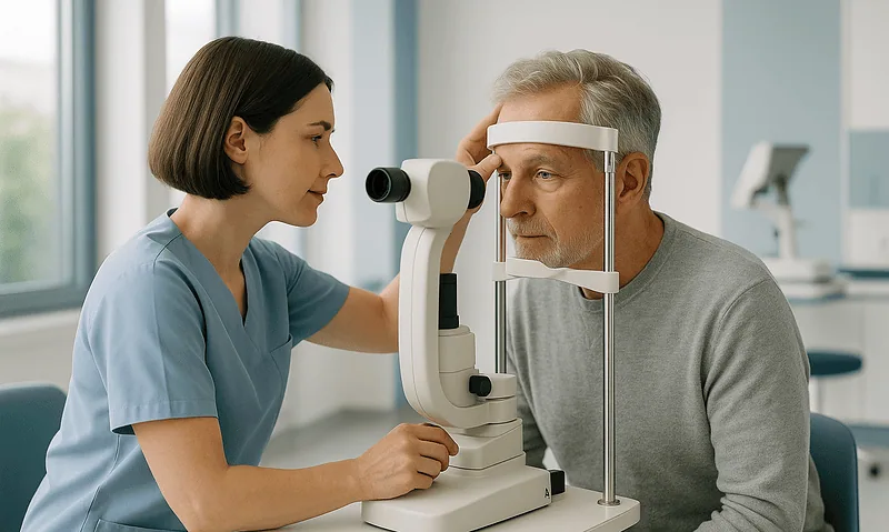Ophthalmologist examining an elderly man's eye with a slit lamp in a clinic.