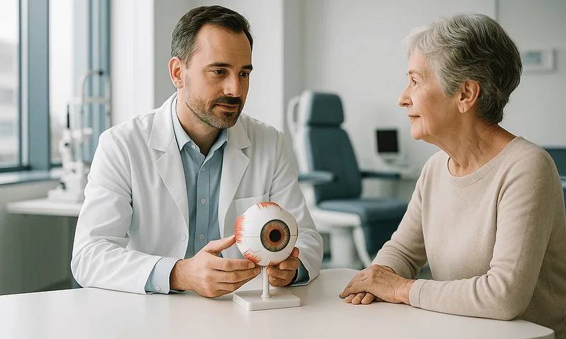 Ophthalmologist explaining eye anatomy to elderly woman in clinic.