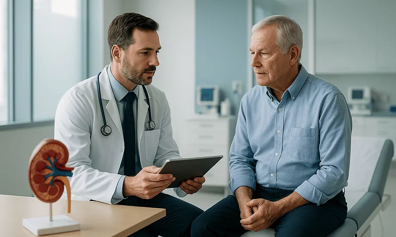 Doctor consulting with an elderly patient in a hospital setting.