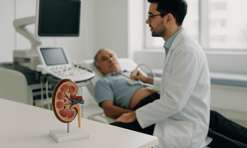 Doctor consulting with patient in hospital room with kidney model in foreground.