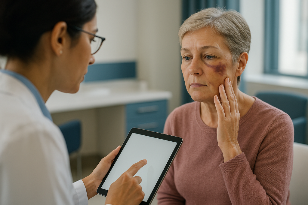 Doctor consulting senior patient about facial swelling bruising: Facelift complications warning signs: what is normal in wee