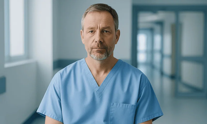 Male doctor in blue scrubs in hospital corridor.