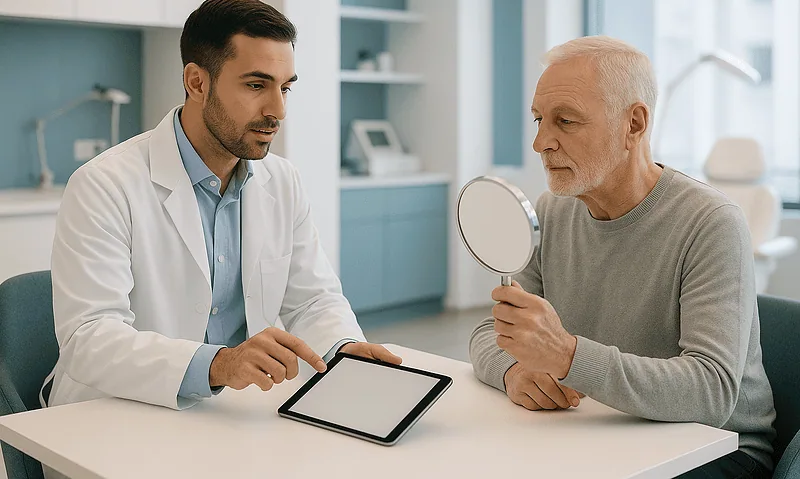 Doctor consulting with elderly patient in a modern clinic setting.