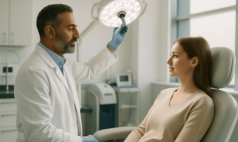 Doctor examining patient in a medical clinic with surgical light overhead.