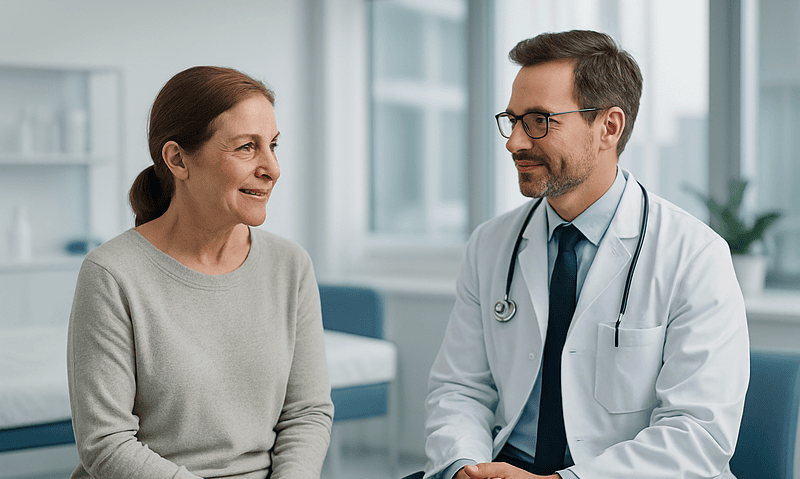 Doctor consulting with an older female patient in a modern clinic.