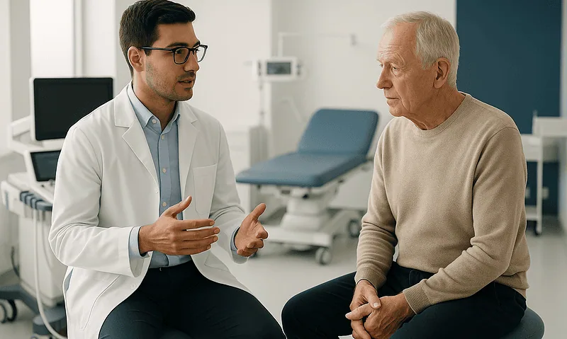 Doctor consulting with elderly patient in a medical office.