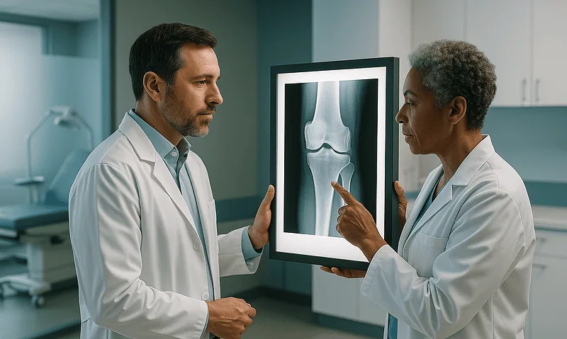 Doctors examining knee X-ray in a medical clinic setting.