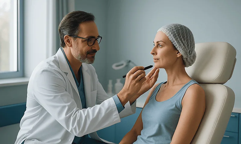 Doctor examining woman's face in a clinical setting for facial aesthetic surgery prep.
