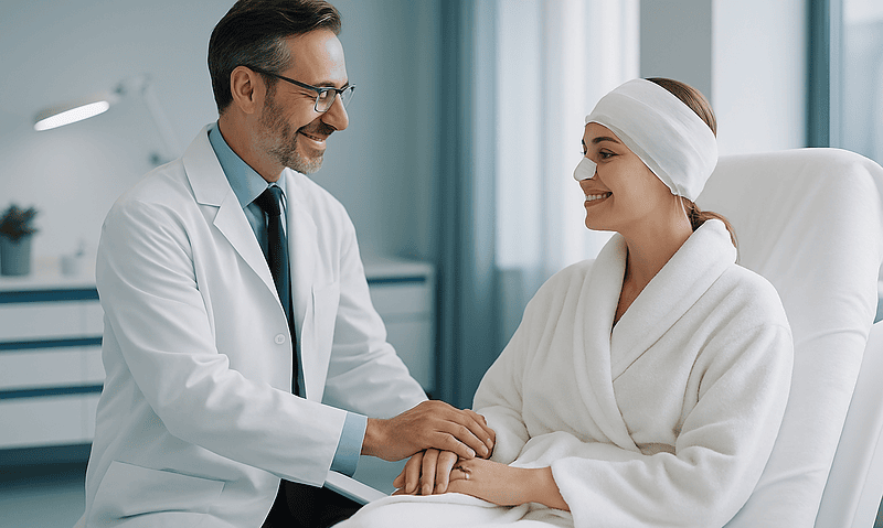 Doctor consulting with a patient after facial aesthetic surgery at Acibadem Hospital.
