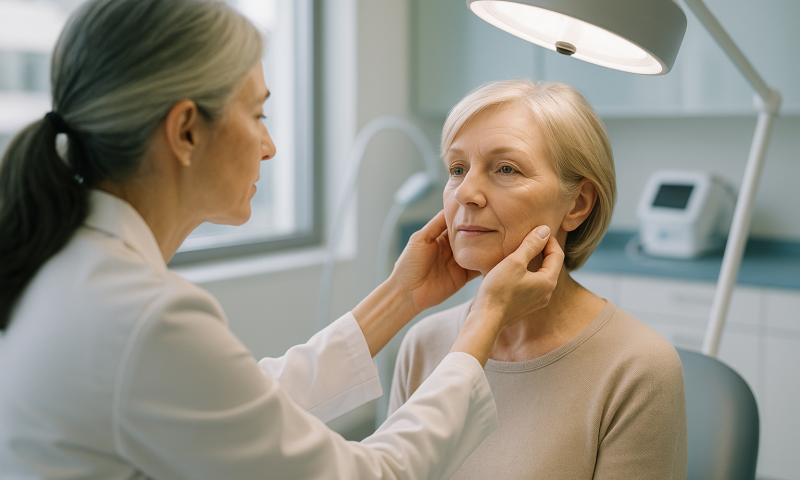 Doctor examining an elderly woman's face in a clinical setting.