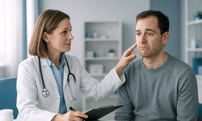 Doctor examining facial asymmetry in a patient during consultation.