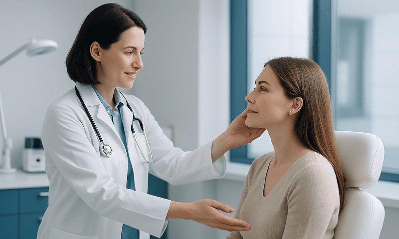 Doctor examining a woman's face in a medical consultation room.